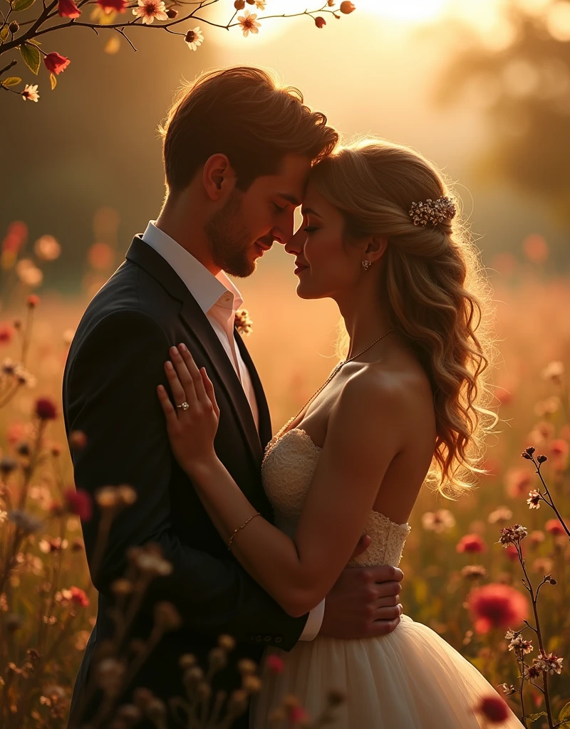 "Create a romantic and emotional image that captures the essence of the poem 'How Do I Love Thee?' de Elizabeth Barrett Browning. The scene should portray a serene and intimate environment, perhaps with a couple in a moment of tenderness and deep connection. Incorporate elements that symbolize the intensity and depth of love, like a landscape at dawn, smooth light, and subtle details that evoke the feeling of deep and eternal love described in the poem, A highly detailed, crystal-clear image"