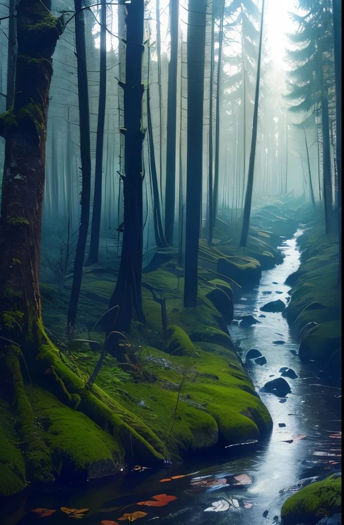 arafed view of a stream running through a forest with trees, mysterious , stream, by Carl Rahl, by Adam Chmielowski, melting and dripping. eerie, eerie shimmering surroundings, by Wolfgang Zelmer, river in the wood, real-life brook, by Jacob Toorenvliet, photograph captured in the woods, beautiful and mysterious