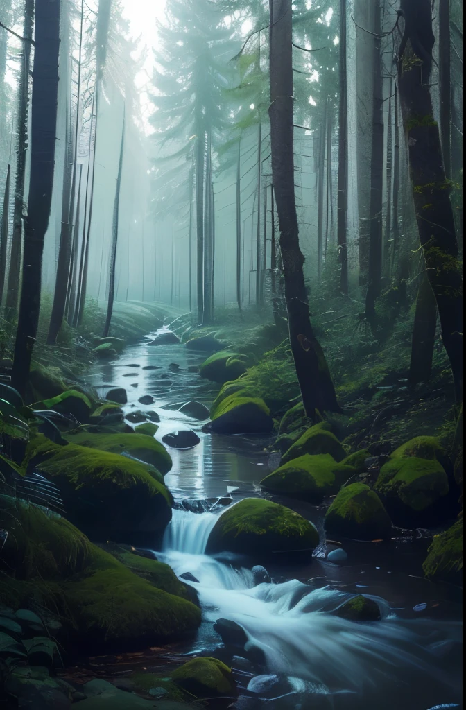arafed view of a stream running through a forest with trees, mysterious , stream, by Carl Rahl, by Adam Chmielowski, melting and dripping. eerie, eerie shimmering surroundings, by Wolfgang Zelmer, river in the wood, real-life brook, by Jacob Toorenvliet, photograph captured in the woods, beautiful and mysterious
