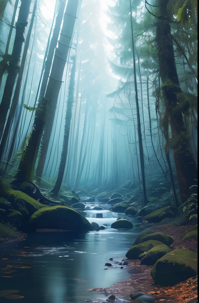 arafed view of a stream running through a forest with trees, mysterious , stream, by Carl Rahl, by Adam Chmielowski, melting and dripping. eerie, eerie shimmering surroundings, by Wolfgang Zelmer, river in the wood, real-life brook, by Jacob Toorenvliet, photograph captured in the woods, beautiful and mysterious