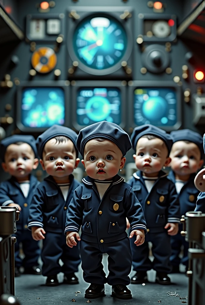 A group of newborns wearing Navy uniforms and sailor hats stand inside the cockpit in front of radar screens on an aircraft carrier. Realistic as life.