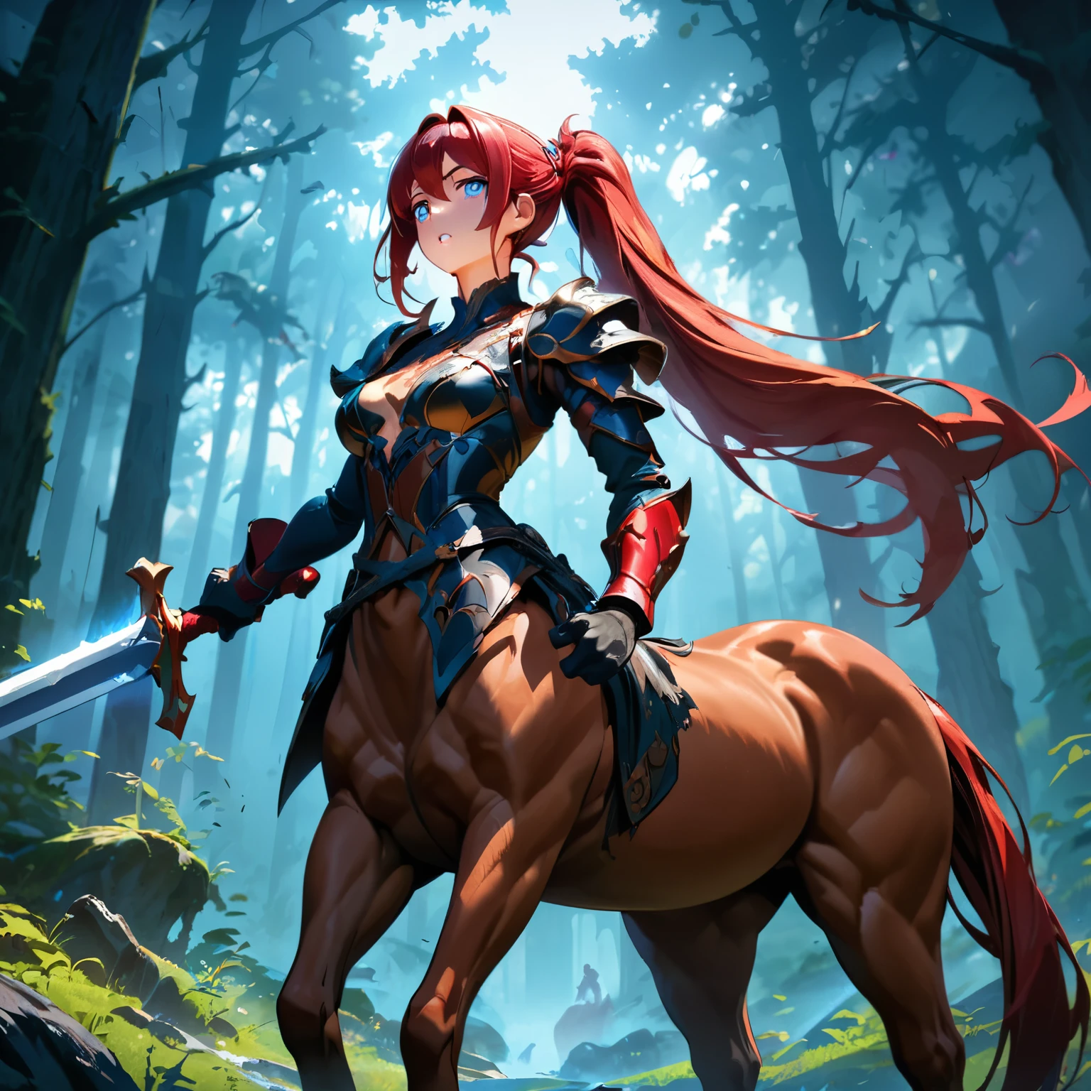 a centaur in a forest, looking into the distance, wary of the surroundings, dignified face, strong gaze, beautiful detailed eyes, beautiful detailed lips, extremely detailed face, horse, 1 centaur, (best quality,4k,8k,highres,masterpiece:1.2),ultra-detailed,(anime style),concept art, fantasy, dynamic pose, dramatic lighting, vivid colors, cinematic atmosphere,(have a long sword),red ponytail hairstyle,