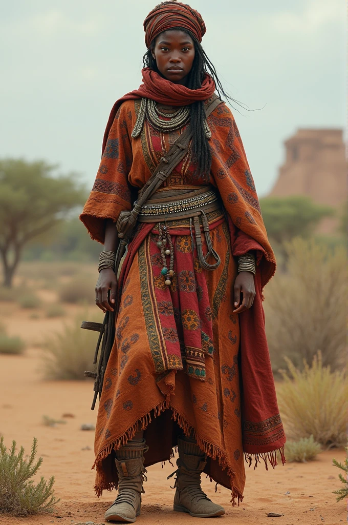 Envision a post-apocalyptic Hausa female warrior outfit. The character wears a beautifully wrapped turban (huluna) made from richly patterned, colorful fabrics. They are dressed in a modified jalabiya, a long robe with added protective layers and practical elements, decorated with traditional Hausa patterns and beadwork. The outfit features a wide, embellished sash or belt, durable footwear, and traditional body adornments like beaded necklaces and bracelets. The shawl (zannuwa) is also present, adding an extra layer of cultural detail and functionality.