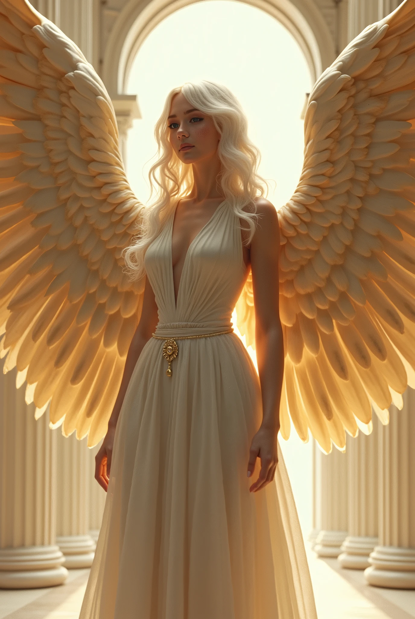 - Tall and elegant - Snow white hair - Pure white almond shaped eyes - Curvy body - Fair skin with freckles - Very very large golden colored wings - Classic and elegant Greek style