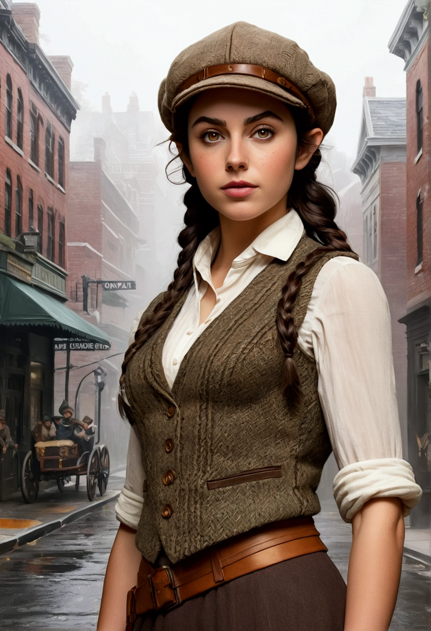An illustrated movie poster, hand-drawn, full color, an elven maiden, wearing a tweed vest and a newsie cap, tall, toned, amazonian stature, athletic hourglass figure, busty bosom, narrow waist, wide hips, thick thighs, big butt, long pointy elf ears, amber eyes, dark hair, curly bob cut, warm almond skintone, freckles, resembles Ana De Armas, standing on a foggy Victorian-era street corner, graphite shading, stencil marks, airbrushed acrylic paint, masterpiece, elf ears