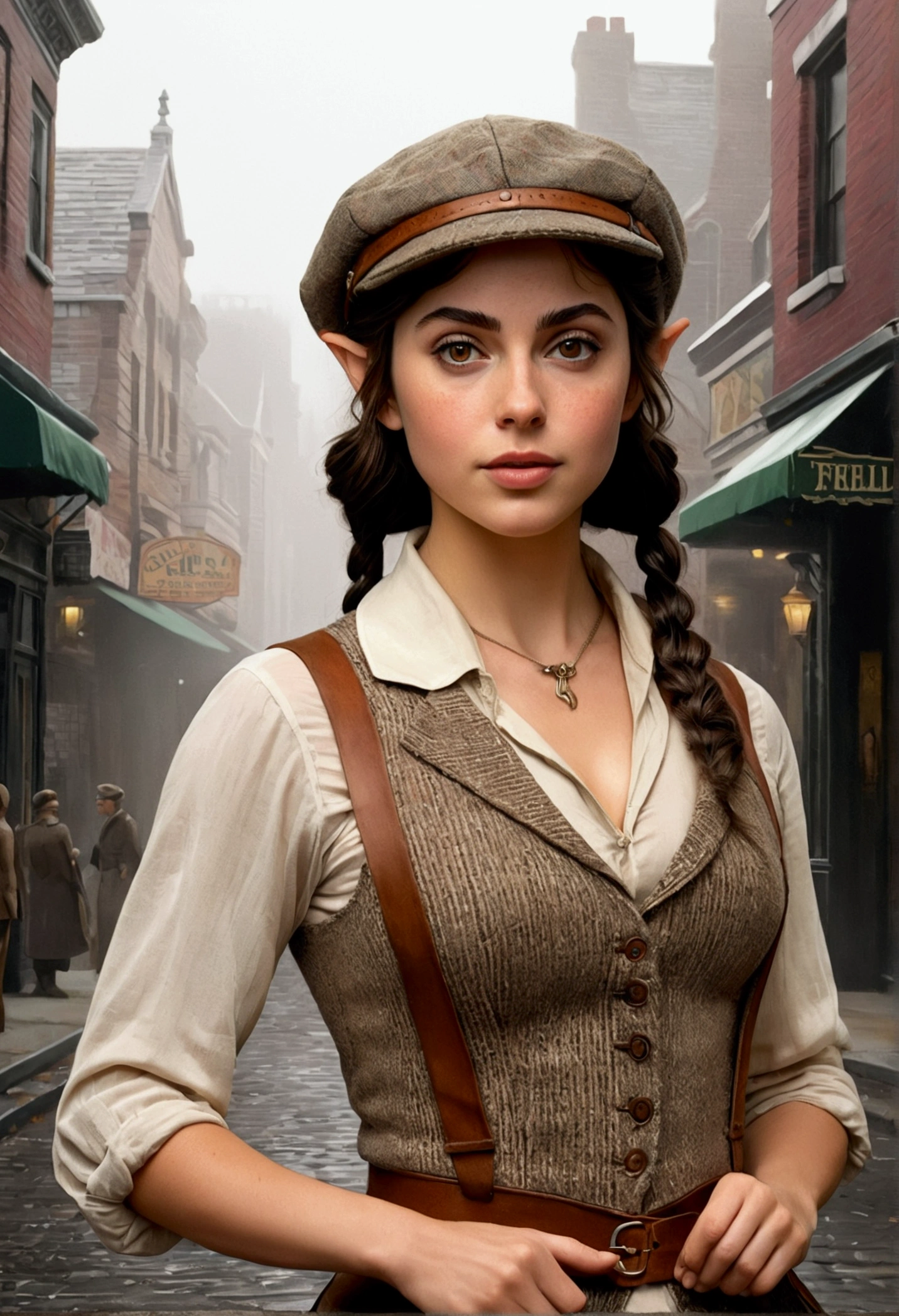 An illustrated movie poster, hand-drawn, full color, an elven maiden, wearing a tweed vest and a newsie cap, tall, toned, amazonian stature, athletic hourglass figure, busty bosom, narrow waist, wide hips, thick thighs, big butt, long pointy elf ears, amber eyes, dark hair, curly bob cut, warm almond skintone, freckles, resembles Ana De Armas, standing on a foggy Victorian-era street corner, graphite shading, stencil marks, airbrushed acrylic paint, masterpiece, elf ears