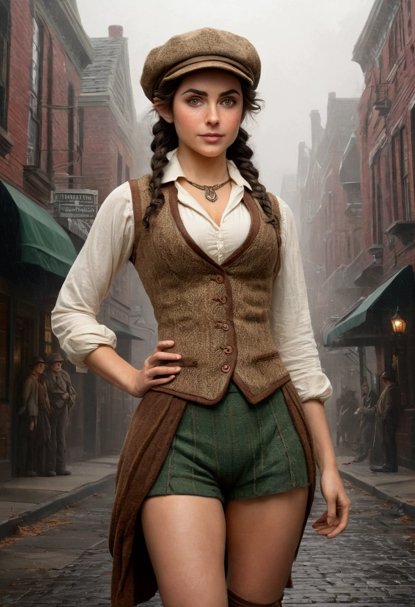 An illustrated movie poster, hand-drawn, full color, an elven maiden, wearing a tweed vest and a newsie cap, tall, toned, amazonian stature, athletic hourglass figure,  bosomrow waist, wide hips, thick thighs, big butt, longnty elf ears, amber eyes, dark hair, curly bob cut, warm almond skintone, freckles, resembles Ana De Armas, standing on a foggy Victorian-era street corner, graphite shading, stencil marks, airbrushed acrylic paint, masterpiece, elf ears
