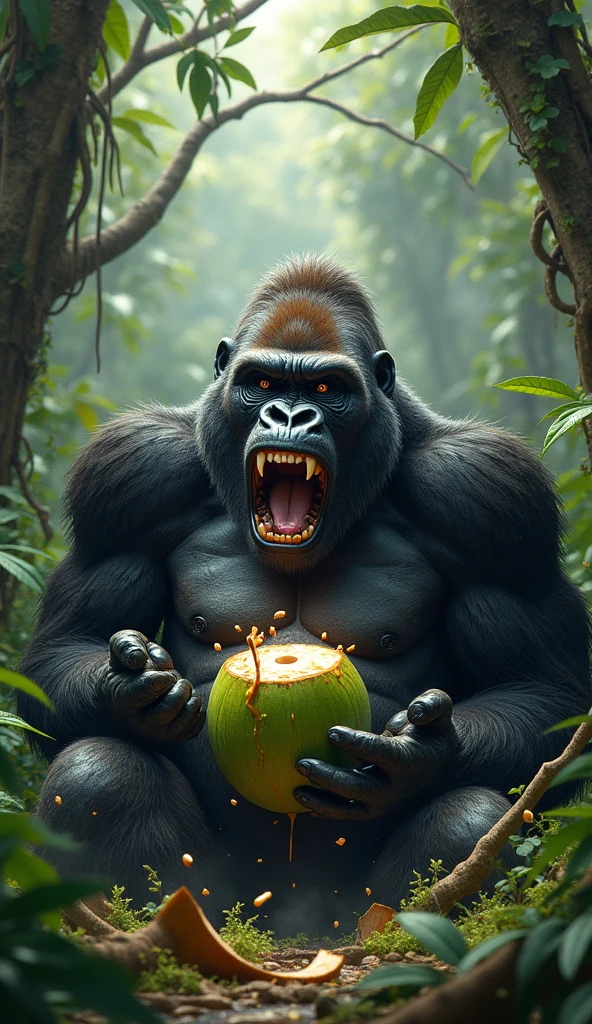 "A realistic scene of a powerful gorilla sitting in a dense jungle, surrounded by lush greenery. The gorilla has its mouth wide open as it bites into a green coconut, with pieces of the coconut shell and juice flying out from the force of the bite. The background is filled with thick jungle foliage, creating an immersive and wild atmosphere."