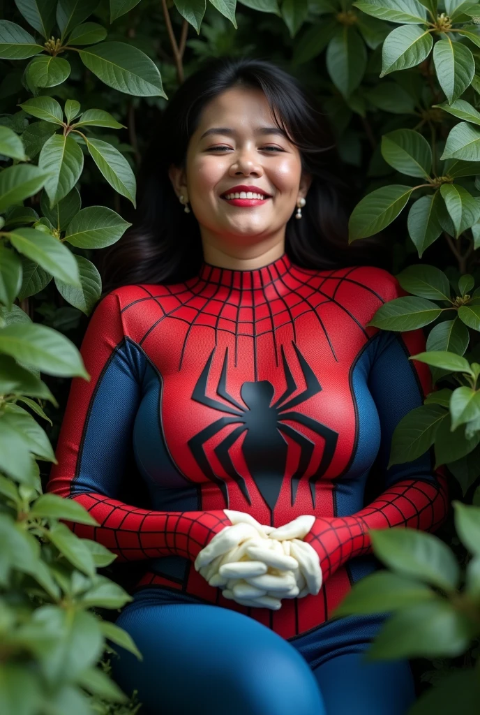 seorang Adult female indonesia,Adult female,big breasts,cosplay as spiderman,loose hair,satisfied facial expression,tired and weak lying down,see woman&#39;s hands covered in mayonnaise,spread out in the bushes