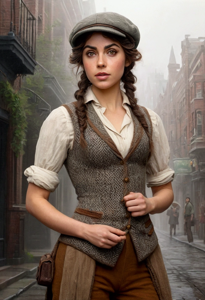 An illustrated movie poster, hand-drawn, full color, an elven maiden, wearing a tweed vest and a newsie cap, tall, toned, amazonian stature, athletic hourglass figure, busty ?????, narrow waist, wide hips, thick thighs, big butt, long pointy elf ears, amber eyes, dark hair, curly bob cut, warm almond skintone, freckles, resembles Ana De Armas, standing on a foggy Victorian-era street corner, graphite shading, stencil marks, airbrushed acrylic paint, masterpiece, elf ears