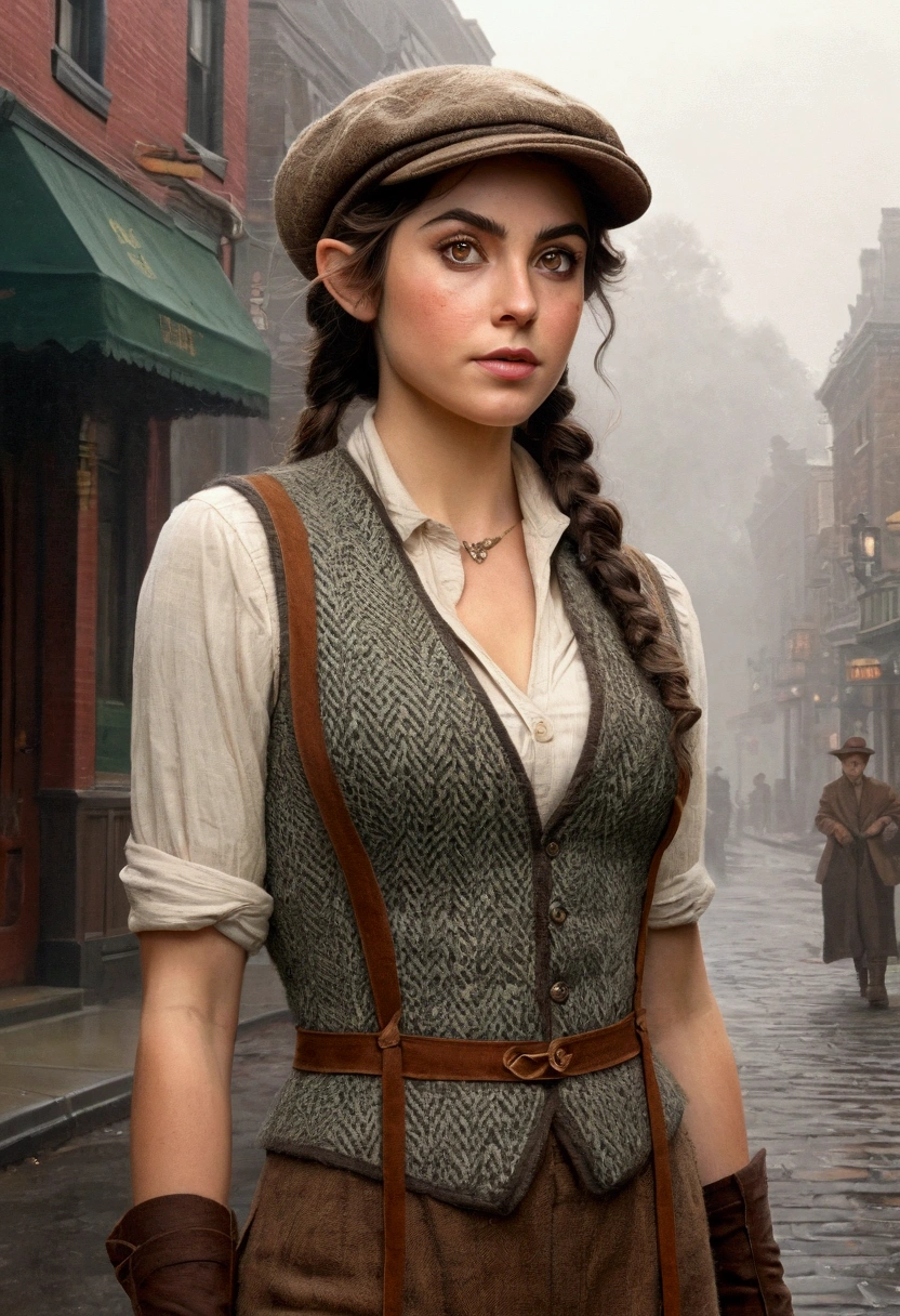 An illustrated movie poster, hand-drawn, full color, an elven maiden, wearing a tweed vest and a newsie cap, tall, toned, amazonian stature, athletic hourglass figure, busty bosom, narrow waist, wide hips, thick thighs, big butt, long pointy elf ears, amber eyes, dark hair, curly bob cut, warm almond skintone, freckles, resembles Ana De Armas, standing on a foggy Victorian-era street corner, graphite shading, stencil marks, airbrushed acrylic paint, masterpiece, elf ears