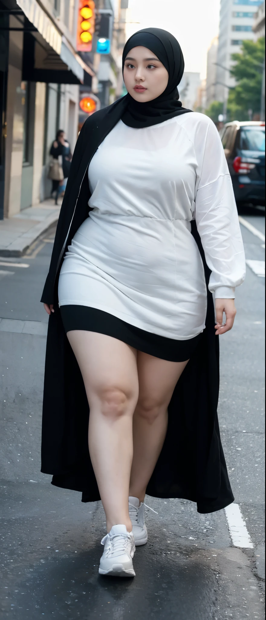 Milky white skin woman in black dress and hijab walking down the street, ,  hijab outfit, ,  hijab fashion model, plus size, plus size woman, ,  woman in black robes, beautiful woman, thicc, black outfit,, bbwchan , white sneakers , Height 170 cm, beautiful woman, with a beautiful appearance, a very beautiful masterpiece, a masterpiece of art, good lighting, Bright colors, Clean lines