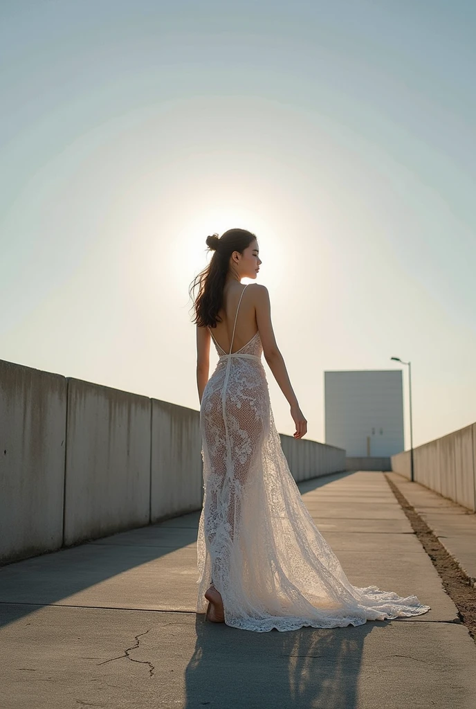 (Highest quality:1.4),(masterpiece:1.4),(Realistic:1.4),(Realistic:1.2),(超High resolution, RAW Photos:1.4),(High resolution, Very detailed:1.2),(8k:1.2),photograph,(Shot from behind:1.3)、Korean women、brown hair photos,One Woman,alone,(In underwear),((Thigh to head shot:1.3))、(((topless、You can see her large breasts from the side.)))、((Toothy smile))、Realistic skin textures、Slightly freckled、Slender figure、Realistic skin textures、((background,Concrete wall:1.3)),(topless,The breast is visible from the side:1.6),(Long lace slip,White)、3 woman、The angle at which the nipple is not visible、((Updo long hairstyle))、((Black,Long lace slip:1.4))、Correct toes、Detailed facial features、Long slip covers the buttocks and soles of the feet、Long slip covers your butt、