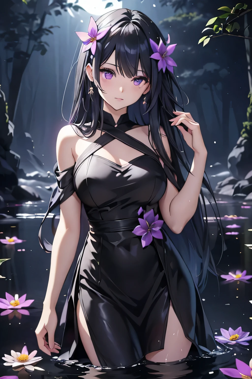 Beautiful anime woman, mature, long black hair, purple eyes, simple white dress, sleeveless dress, short dress, wet clothes, wet skin, standing in water, cupping flower in hands, pond, flower petals, fireflies, night time, enchanted forest, moonlight, colorful, ethereal, posing for camera, fantasy, magical, glowing plants, night time aesthetic, dark, low light, black sky, holding flower, dark background