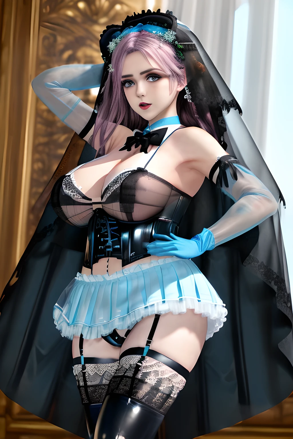 1girl ,(fusion of black mourning-dress and black wedding dress:1.2), (gothic ta:1.3), (light-blue and black theme:1.3), ((black mourning-veil, black see-through wedding-veil):1.5), ((black latex corset, light-blue breast-cup):1.4), (short puff-sleeve:1.3), ((white collar, tie-bow):1.3), ((ruffle-skirt, multilayer-skirt):1.4), ((stockings, garter belt):1.3), (see-through long gloves:1.3), (blue rose decoration on head:1.3), ,, huge breasts,mature women, (masterpiece), best quality,elise