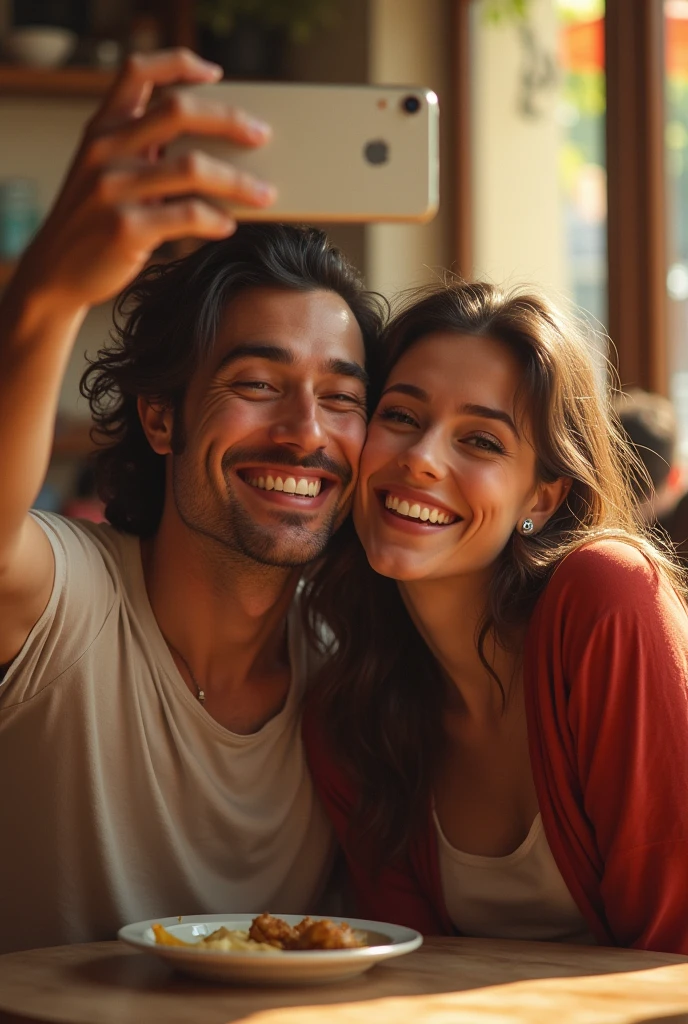 Capture a playful moment with a couple taking a selfie. One person should be striking a funny or exaggerated pose, while the other smiles warmly, looking slightly amused or affectionate. The background should feature a relaxed setting, like a cozy café or a casual outdoor spot, with warm, natural lighting enhancing the intimate and fun vibe of the moment."