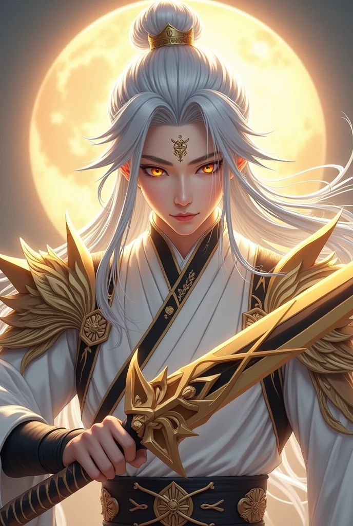 Handsome young xianxia protagonist,man,guy,full body,long silver hair, golden amber eyes combination ,eyes focus detailed((no noice)),(((no noice))),and long silver hair with white undertone,and the golden rune motiv scratched on his forehead((no noice)),use armour featuring like pattern on furr of white Tiger chinese with white dominant color,held star sword,sword wielder extremely detailed,pauldron protective shape like dragon head,breastplate featuring like white Tiger,breastplate detailed white Tiger shape,shoulder protective dragon shape like white Tiger,sun and moon background, white dominant color,white dominant color, white dominant color armour,with majestic silver line , ((no noice))And majestic golden wings at back,wings at back,terrifying aura around,24K ultra hd,face and eyes detail,lips and face detail,masterpiece ,better quality,ultraa realistic face((no noice)),good face proportion,eyes detailed,((perfect face)),perfect eyes ,perfect lips proportion((balance lips)),perfect face proportion,((balance proportion of face)),((balance and perfect left and right eyes proportion)),((masterpiece))