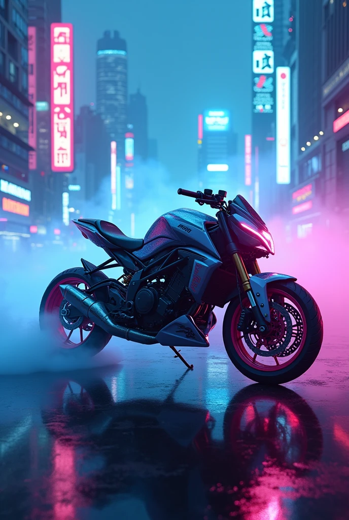 Pulsar 180 in cyberpunk city with blue and pink neon lights and fog
