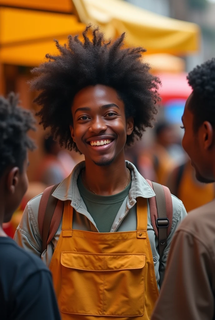 : Une photo montrant une personne noire avec un sourire rayonnant recevant un soutien pour lancer sa propre entreprise (ex : un marché local avec des jeunes entrepreneurs noirs).
