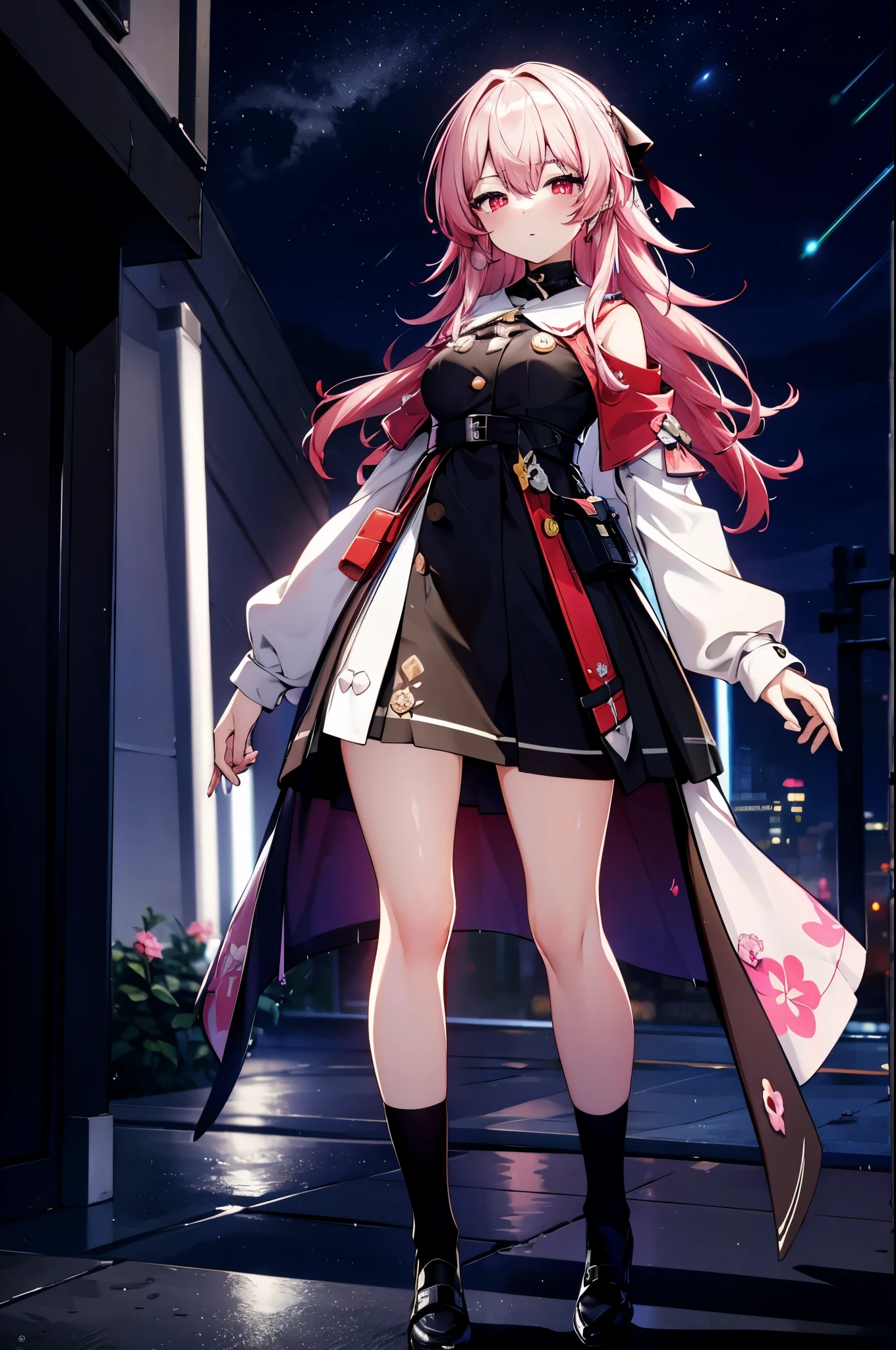uhd, 4k, textured skin, good quality, High details, masterpiece, best quality, (Amazingly absurd:1.2), (masterpiece:1.2), 1 girl, Long dress, standing, dynamische pose:1.5, half-closed eyes, glowing red eyes, very long black hair, shiny hair , fullbody, two colored hair, hair ribbon, black knee socks, Kawaiitech, soft colours, Kawaii, Beautiful colors, thunderstrike in the background, (Rain:1), (Night:2), (landscape:1)