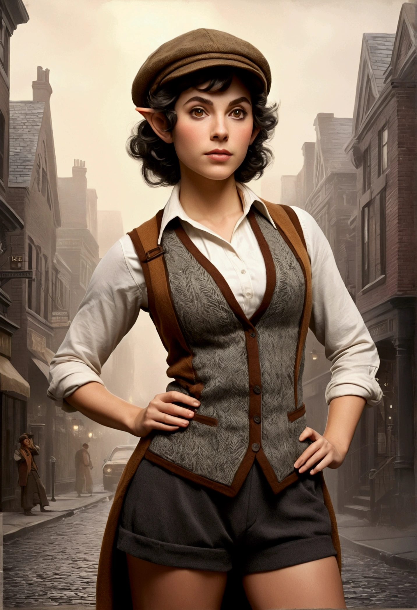 An illustrated movie poster, hand-drawn, full color, an elven maiden, wearing a tweed vest and a newsie cap, athletic hourglass figure, busty bosom, narrow waist, wide hips, thick thighs, big butt, long pointy elf ears, amber eyes, dark hair, curly bob cut, warm almond skintone, freckles, resembles Ana De Armas, standing on a foggy Victorian-era street corner, graphite shading, stencil marks, airbrushed acrylic paint, masterpiece, elf ears