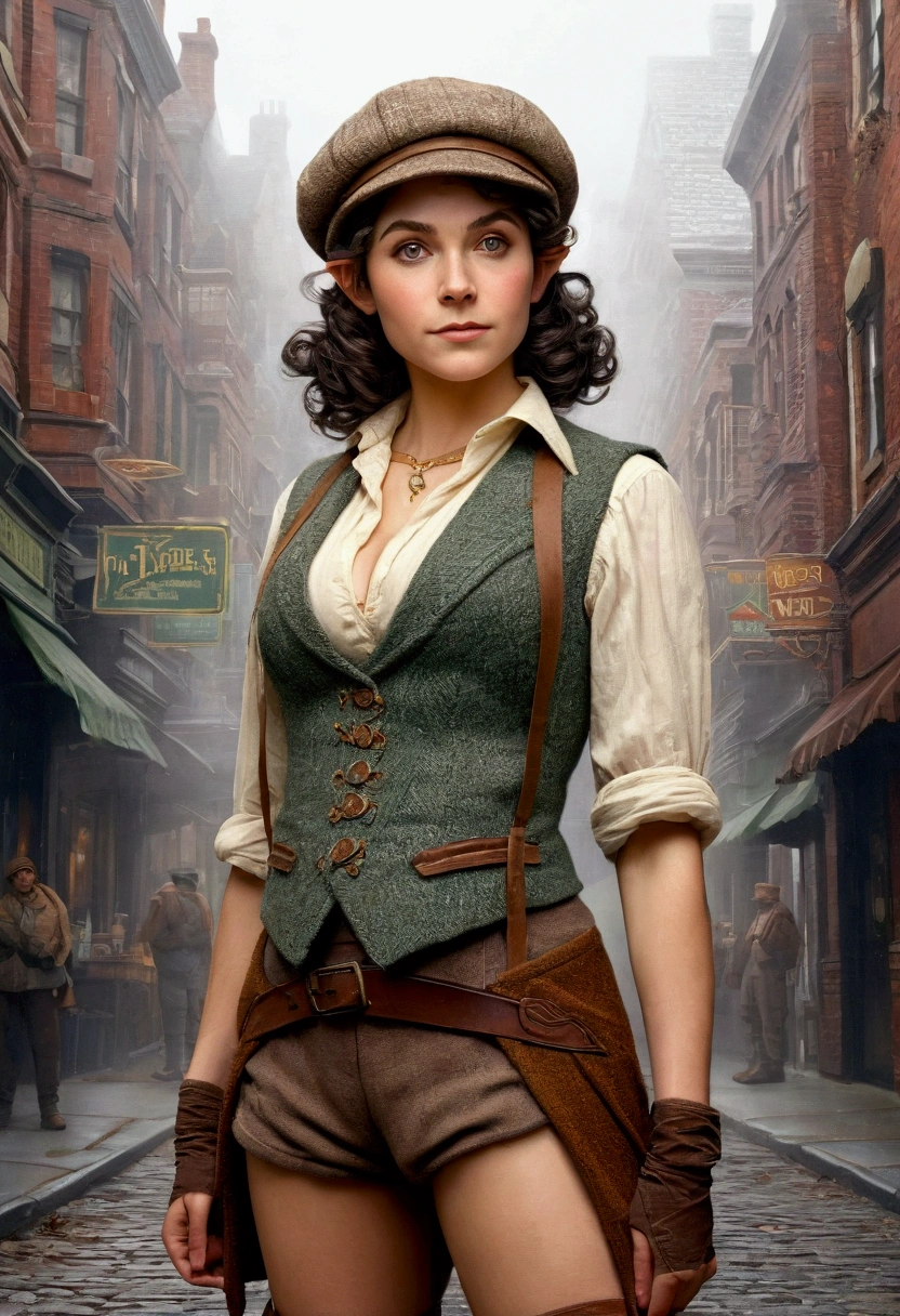 An illustrated movie poster, hand-drawn, full color, an elven maiden, wearing a tweed vest and a newsie cap, athletic hourglass figure, bosomrow waist, wide hips, thick thighs, big butt, longnty elf ears, amber eyes, dark hair, curly bob cut, warm almond skintone, freckles, resembles Ana De Armas, standing on a foggy Victorian-era street corner, graphite shading, stencil marks, airbrushed acrylic paint, masterpiece, elf ears