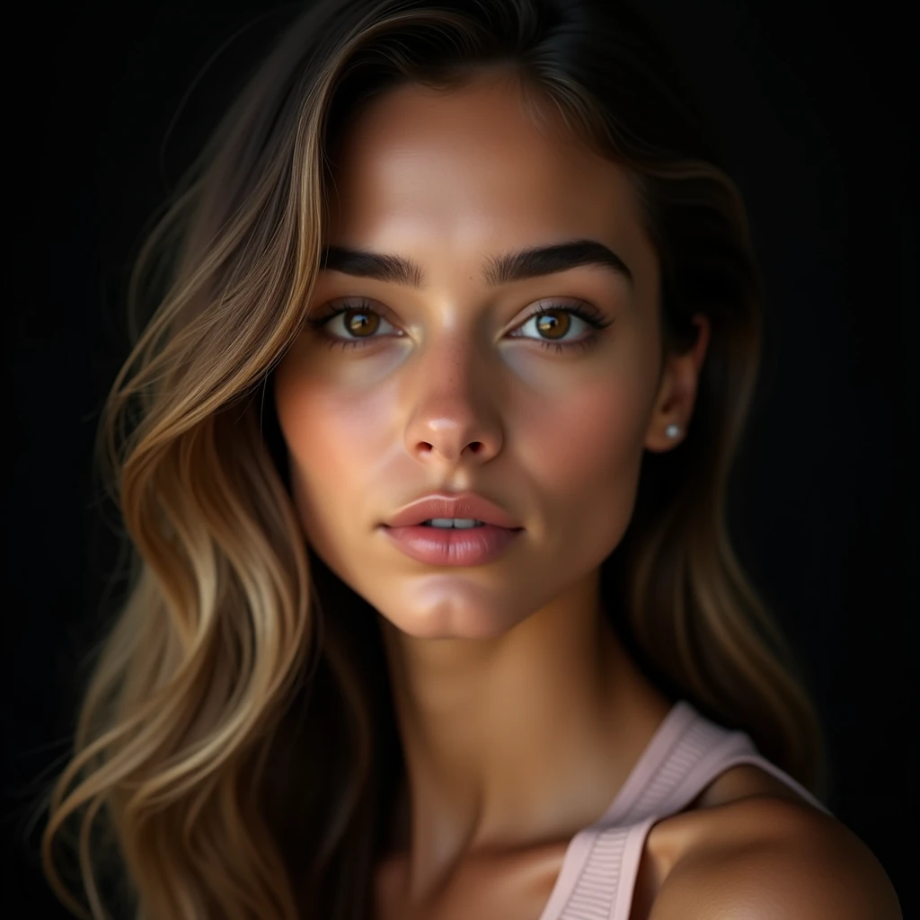 (maximum realism, the highest resolution, the highest quality,. maximum details, )a 20 year old girl , tall and thin, model body, with wavy blonde hair, Bright and detailed light brown eyes, long eyelashes and well-defined eyebrows. She is wearing a light pink sports top., White sports pants or yoga pants and white Nike sports or running shoes. It is in the middle of a green field with a panoramic view of the snowy mountain ranges behind it.