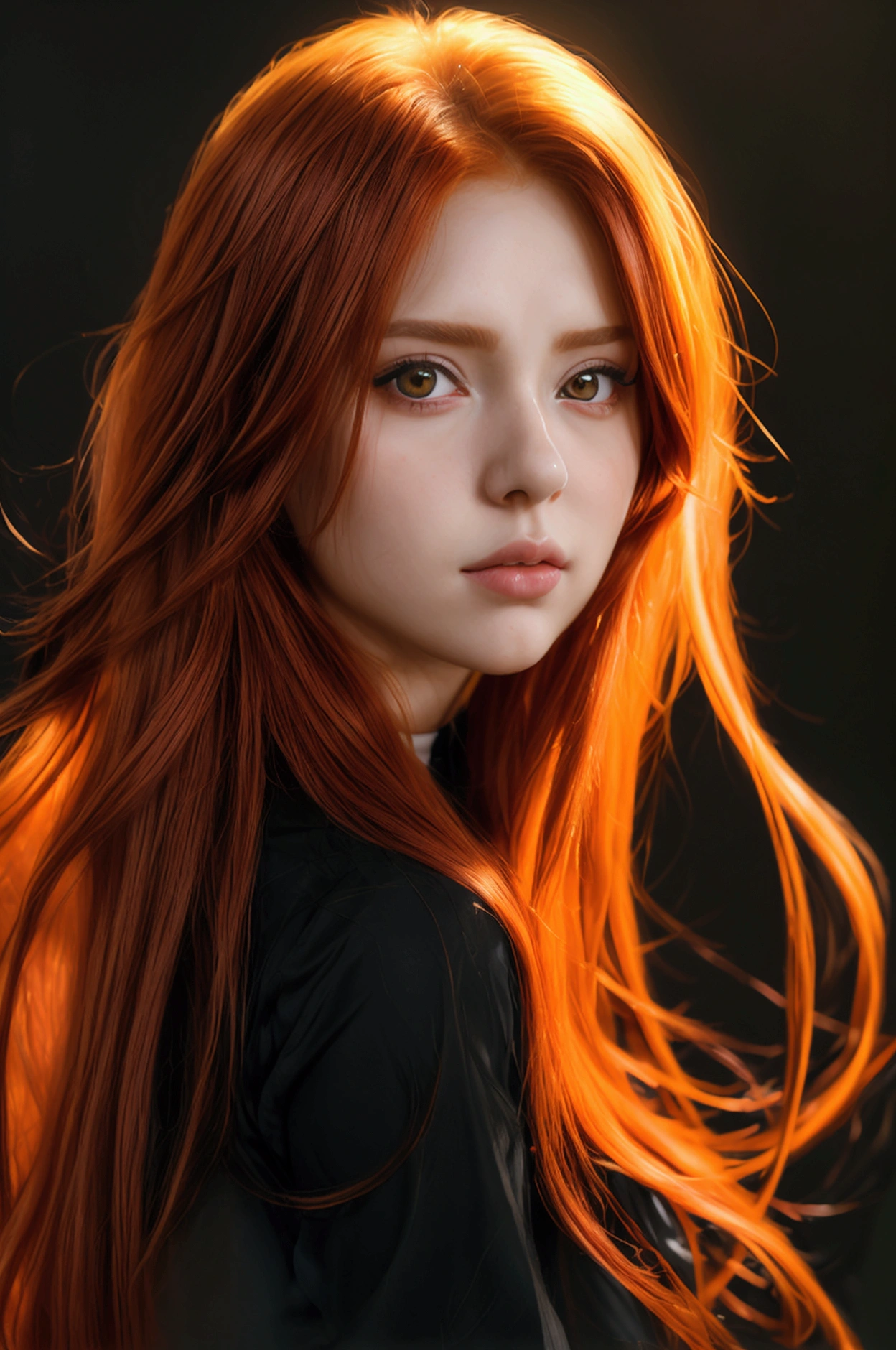 anime styling; 1woman; 20 year; portrait of a woman ruiva; long red hair; Eyes red; black clothing; close-up rosto; expression serious, long red hair; simply white background; anime styling; black clothing; black colored clothing; portrait of a woman; ung woman.