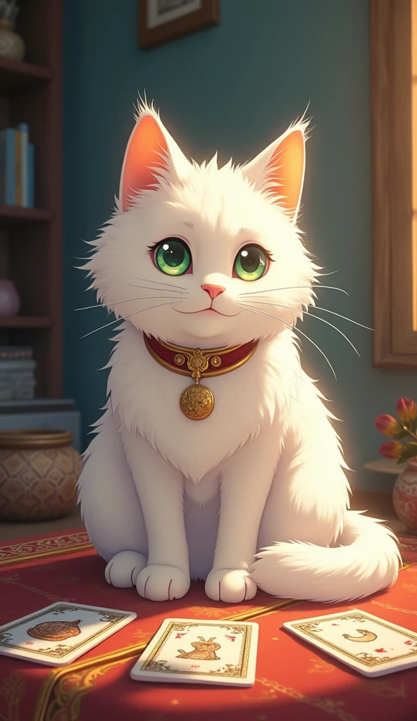 A beautiful white cat enjoying tarot readings in this fantastic anime-style video