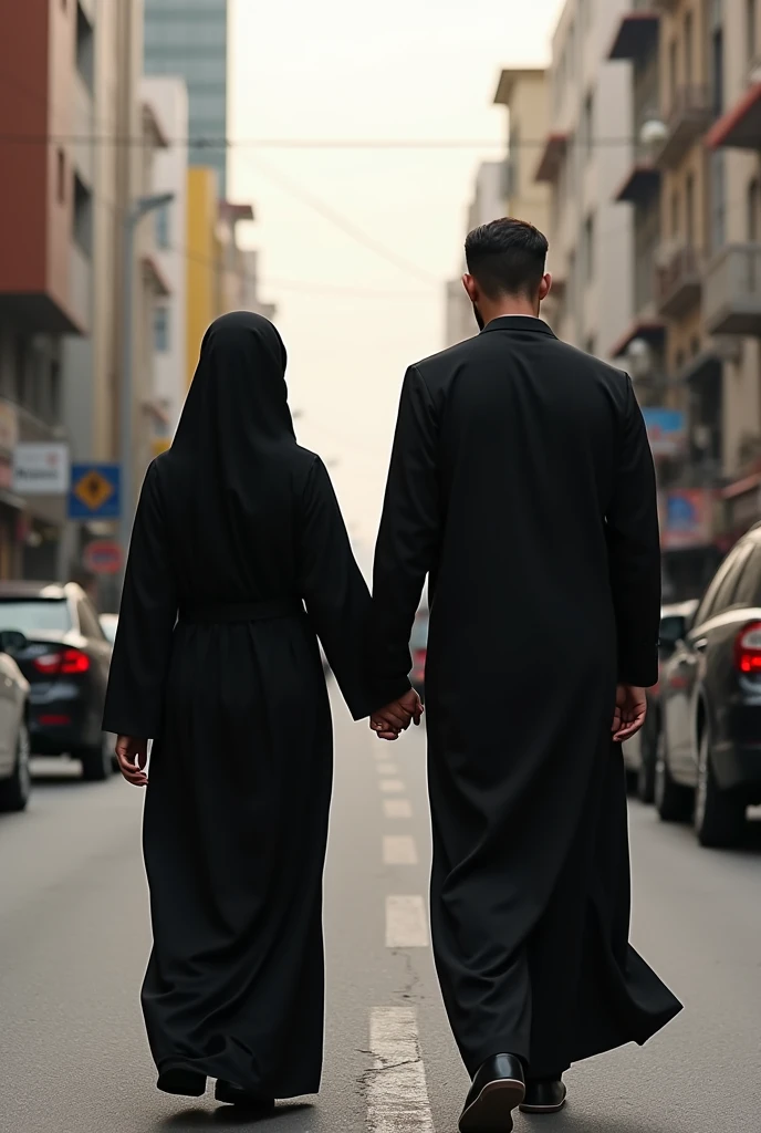 A muslim girl in abbaya holding his man hand name walking on road