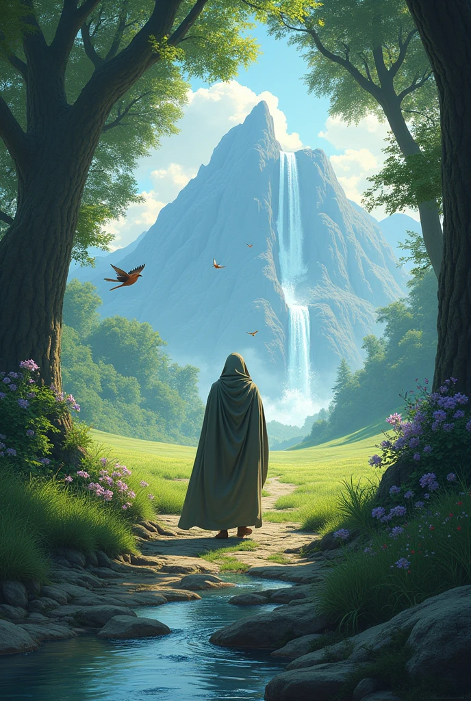 The land of immortality. 
1. **Person**: A middle-aged Kabulite, turned away from the viewer so his back is visible. His face and limbs are not visible, as his entire body from head to toe is covered by a cloak.

2. **Background**:
   - **Road**: A narrow path or street.
   - **Vegetation**: Various-sized trees on one side of the road, with flowers of different colors blooming.
   - **Stream**: On the other side of the road, a clear stream flows over small and large rocks.
   - **Field**: Beyond the stream, there is a vast green field.
   - **Mountains and Waterfall**: A waterfall cascading from a distant mountain, depicted clearly and prominently.
   - **Birds**: Small colorful lovebirds flying in the sky and perched on branches.

You can use this description to create an image