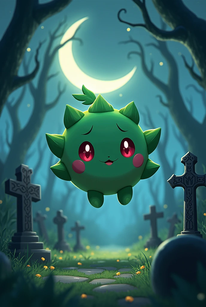 ((masterpiece,best quality)),
Oddish_Pokemon, floating, no humans, pokemon \(creature\),
solo, smiling, looking at viewer,
graveyard, crescent moon,
cinematic composition,