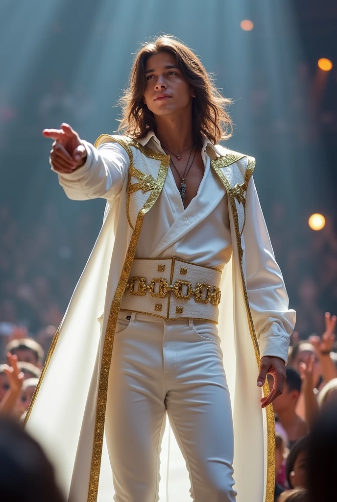 artwork best quality handsome american male teenager long brown hair light skin with white cape and hooded coat on head with gold accents white long sleeve shirt and white pants underneath intricate details singing holding a microphone seen from afar pointing at the audience at a concert with ultra detailed uhq 8k