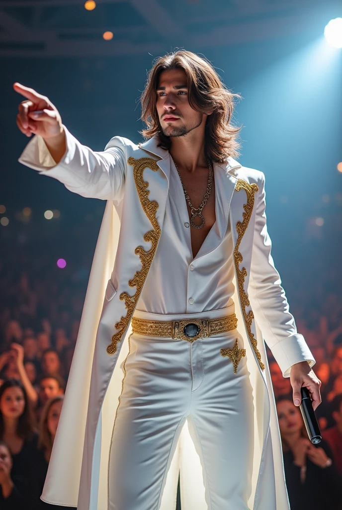 artwork best quality handsome american male teenager long brown hair light skin with white cape and hooded coat on head with gold accents white long sleeve shirt and white pants underneath intricate details singing holding a microphone seen from afar pointing at the audience at a concert with ultra detailed uhq 8k