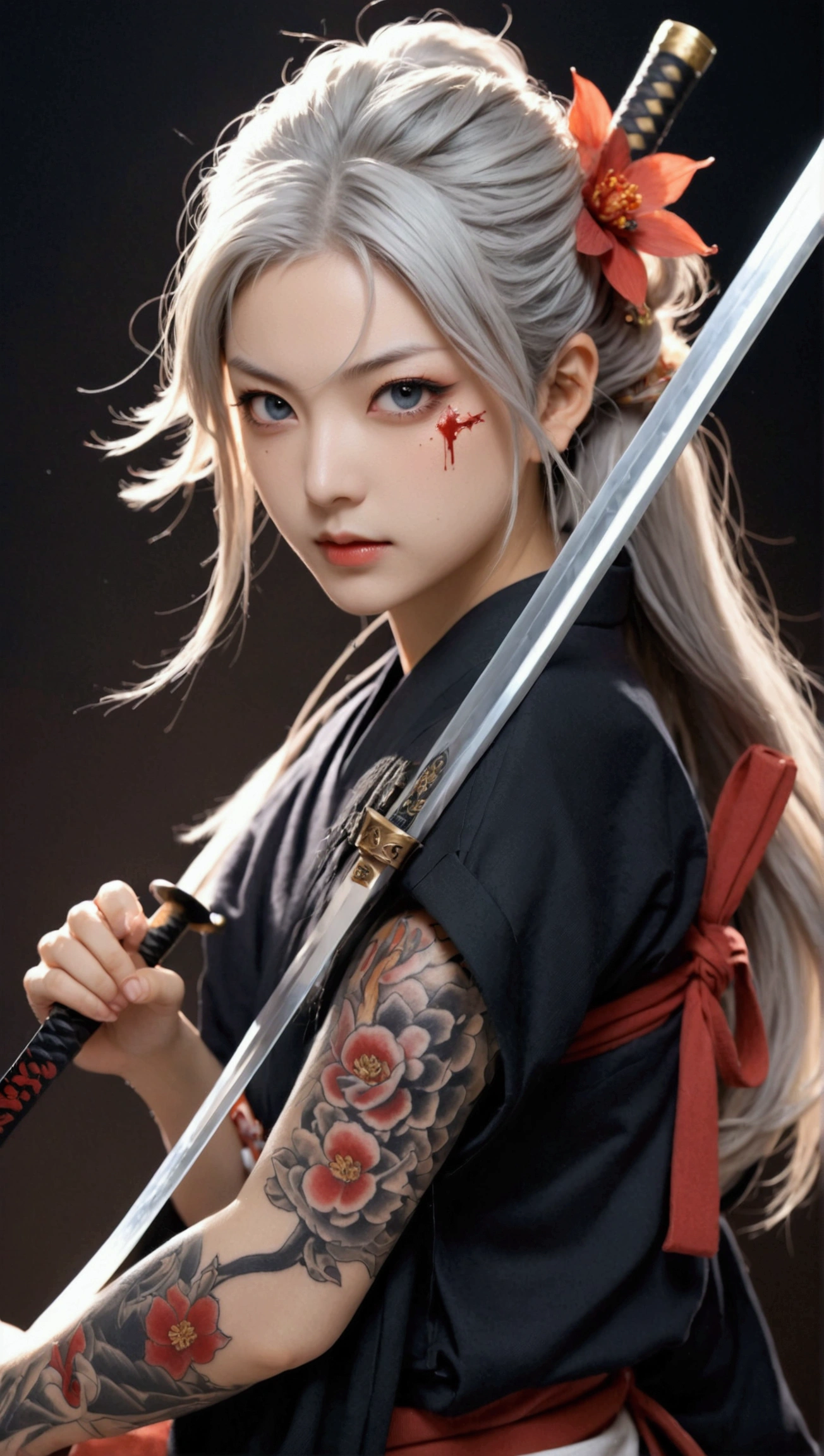 (Japanese sword &reference;Muramasa 2&reference;.2)Two beautiful women、Japanese swordを持った女性、Shinobi Costume、Warrior、Clear Eyes、{Arm tattoo、Warrior、Realistic battle scenes、敵Warriorの返りBlood、Blood、High resolution、Highest quality、Very detailed、8k、background、