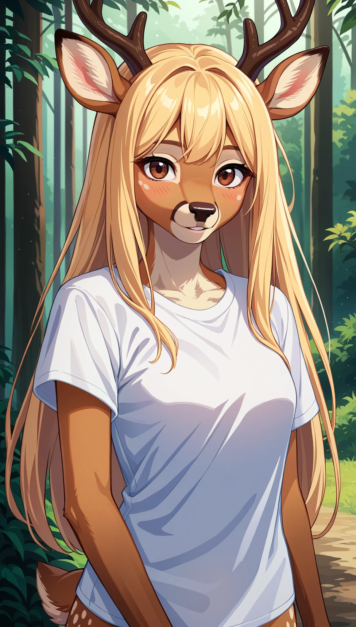 score_9, score_6_up, source_anime, source_anthro, rating_safe, [rating_explicit],

1girl, solo, deer ears, horns, long hair, blonde hair, brown eyes, portrait, looking at viewer, white t-shirt, cowboy shot, standing, forest 