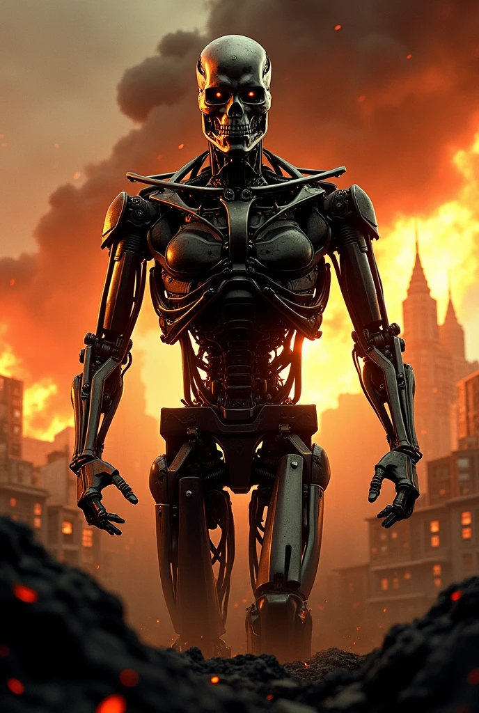 Terminator 2: Judgment Day: A gritty movie poster featuring the T-800 emerging from flames, with a metallic skull partially visible beneath his face, dystopian, futuristic, action-packed, groundbreaking special effects