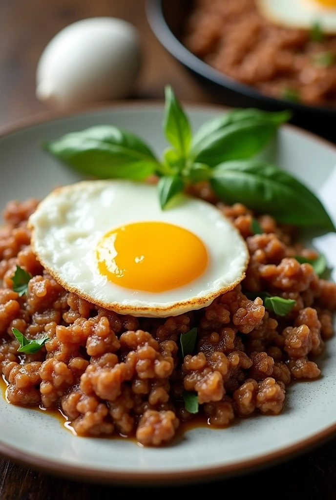 Minced pork with basil and fried egg, best quality, (food), plate