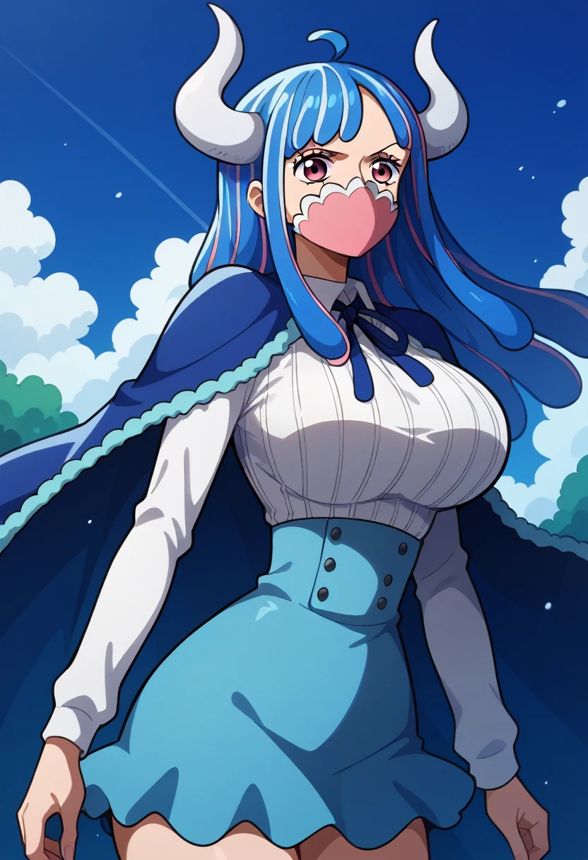 aaulti, long hair, multicolored hair, blue hair, ahoge, horns, pink eyes, mouth mask, pink mask, large breasts, blue cape, neck ribbon, ribbed shirt, white shirt, long sleeves, high-waist skirt, blue skirt