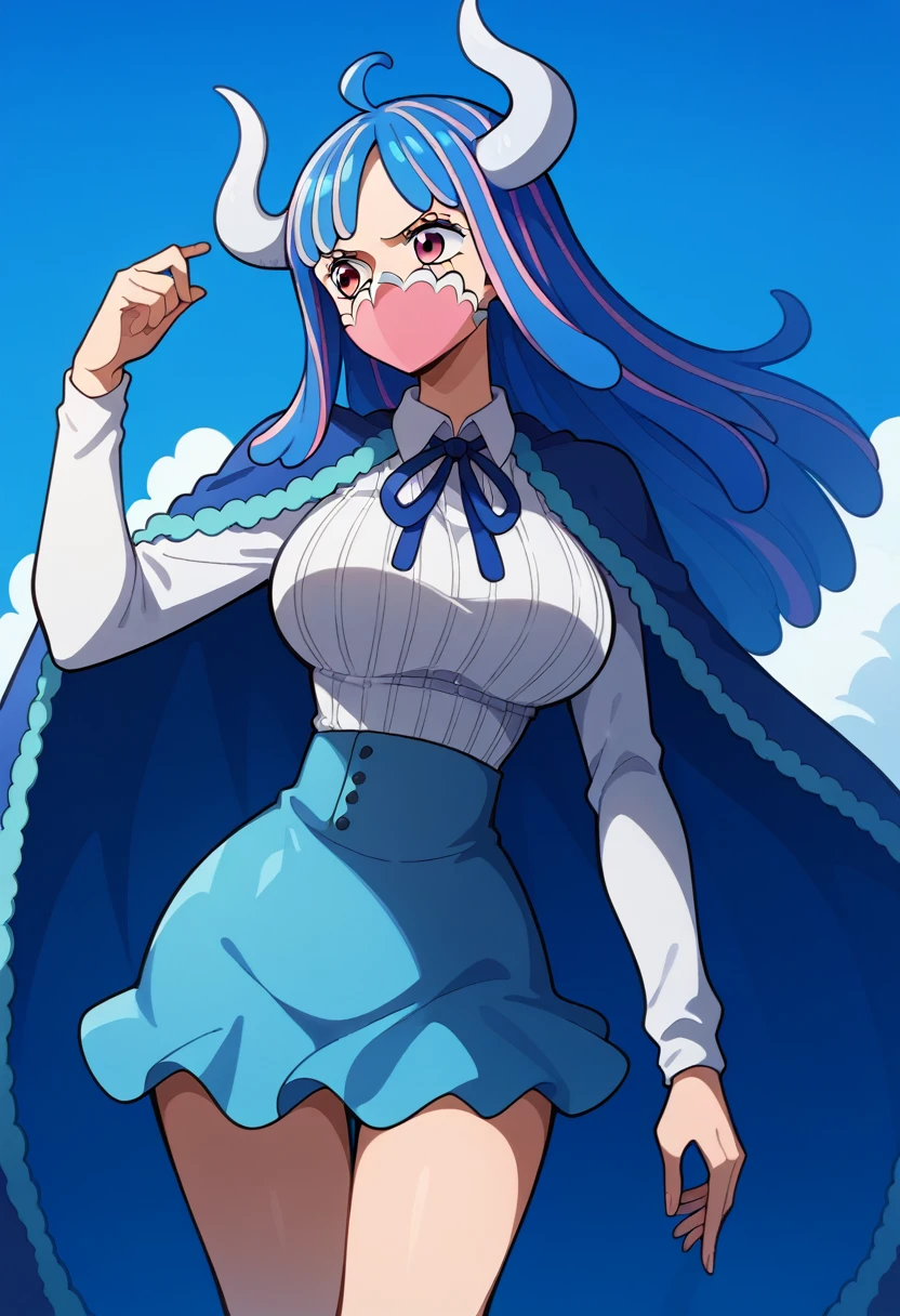 aaulti, long hair, multicolored hair, blue hair, ahoge, horns, pink eyes, mouth mask, pink mask, large breasts, blue cape, neck ribbon, ribbed shirt, white shirt, long sleeves, high-waist skirt, blue skirt