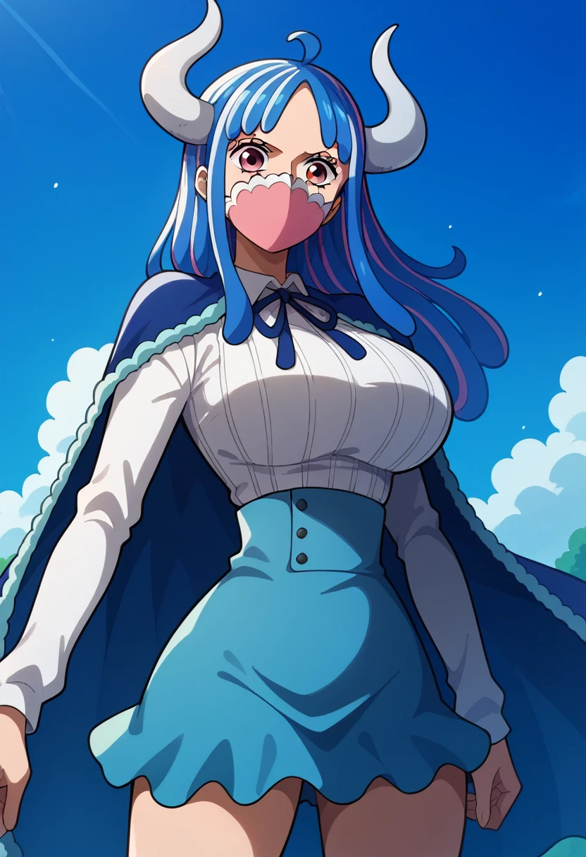 aaulti, long hair, multicolored hair, blue hair, ahoge, horns, pink eyes, mouth mask, pink mask, large breasts, blue cape, neck ribbon, ribbed shirt, white shirt, long sleeves, high-waist skirt, blue skirt