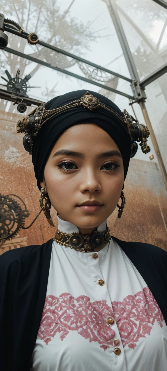 Craft a photorealistic scene of a Malay girl in hijab as an intrepid explorer in a steampunk world. Showcase intricate gears, Victorian-inspired fashion, and a sense of adventure in this alternate reality, 8mm lens, Extreme close-up, pastel color grading, depth of field cinematography effect, film noir genre, 8k resolution, high quality, ultra detail,