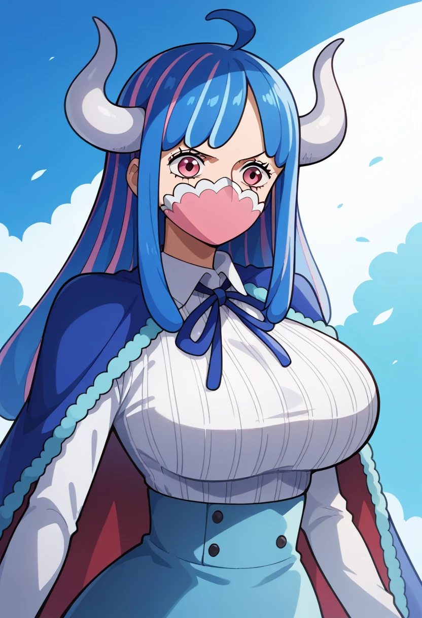 aaulti, long hair, multicolored hair, blue hair, ahoge, horns, pink eyes, mouth mask, pink mask, large breasts, blue cape, neck ribbon, ribbed shirt, white shirt, long sleeves, high-waist skirt, blue skirt