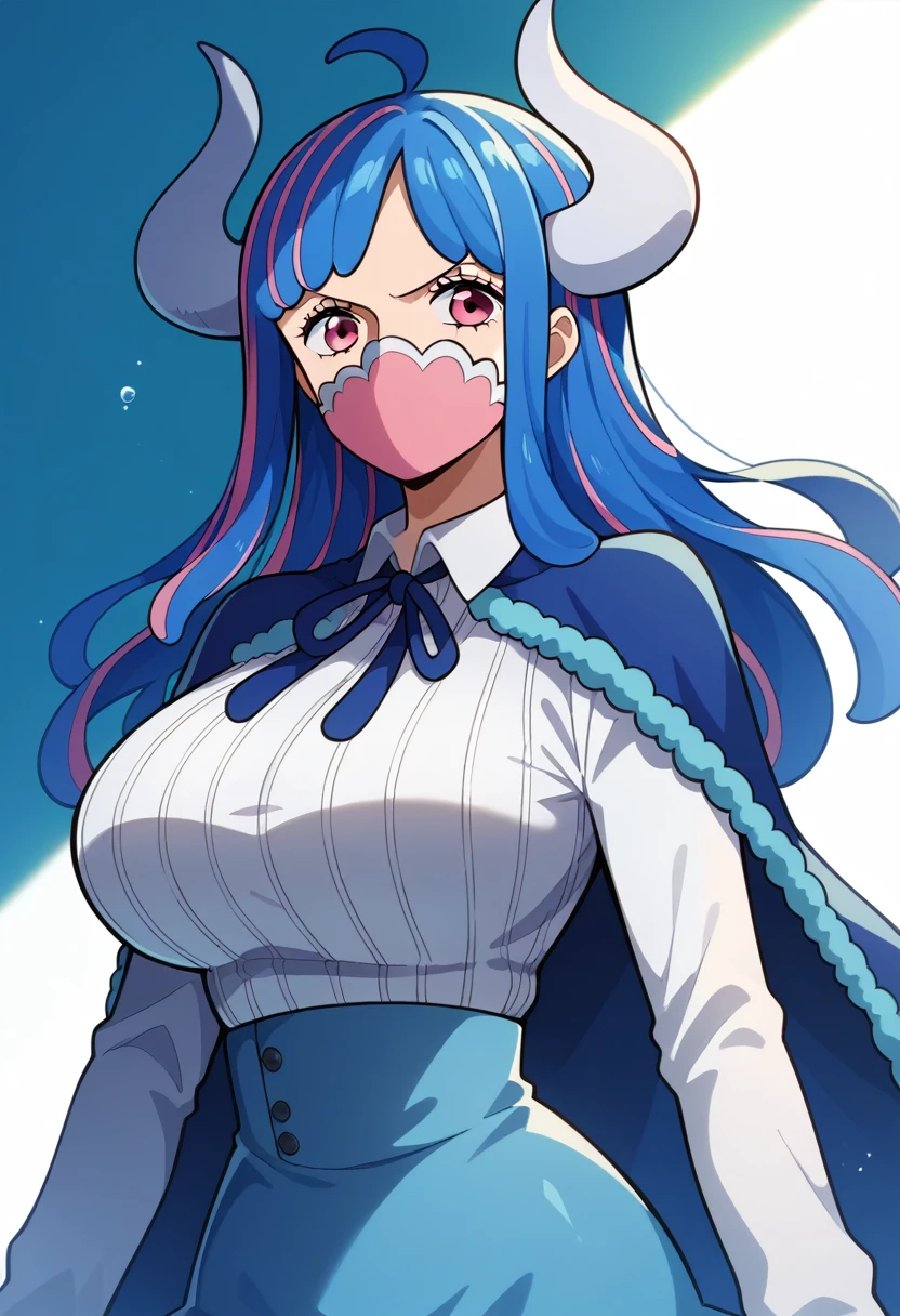 aaulti, long hair, multicolored hair, blue hair, ahoge, horns, pink eyes, mouth mask, pink mask, large breasts, blue cape, neck ribbon, ribbed shirt, white shirt, long sleeves, high-waist skirt, blue skirt