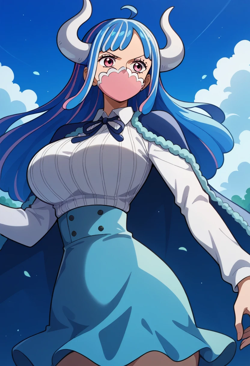 aaulti, long hair, multicolored hair, blue hair, ahoge, horns, pink eyes, mouth mask, pink mask, large breasts, blue cape, neck ribbon, ribbed shirt, white shirt, long sleeves, high-waist skirt, blue skirt