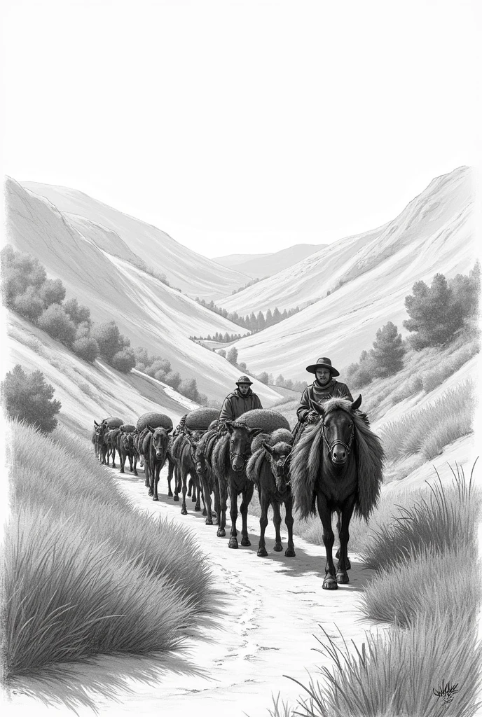 a muleteer, Regular stops are made so that the animals can rest and feed.. The muleteer carries fodder or allows the animals to graze along the way., Ensures that animals have access to water, stopping at rivers or natural springs. draw it with graphite pencil sketch effect.