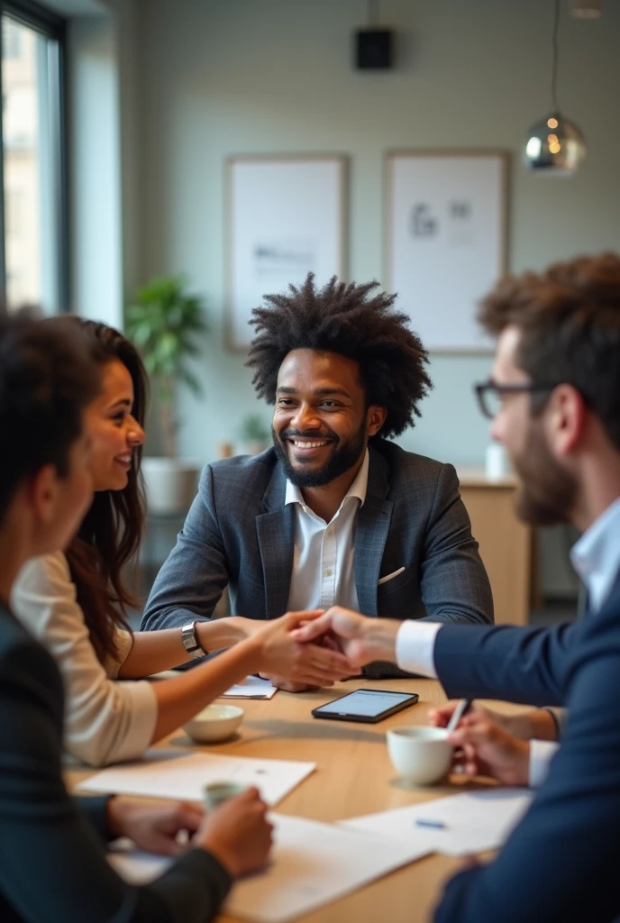 Une photo montrant une personne noire avec un sourire rayonnant recevant un soutien pour lancer sa propre entreprise