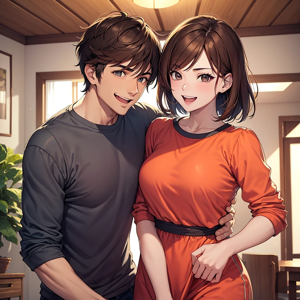 A man, handsome face, with a pretty lady, the pretty lady has short brown hair, pretty face, a beautiful couple, both of them wearing hyper clothes, inside the house, indoor, having fun, laughing, fantasy