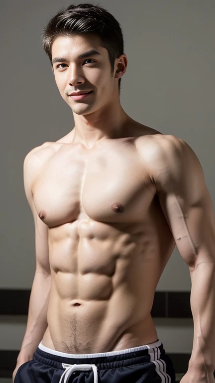 abs, 8 pack, rock hard abs, beautiful abs, pectoral muscles, slim macho, macho, ripped, male, boy, baseball club, soccer club, track and field club, Self-Defense Forces, cute guy, salty guy, dog guy, sporty boy, athletic, showing off muscles, shirtless, sexy, sexy pose, smiling, good looking, sports model figure, white skin, no beard, showing off muscles