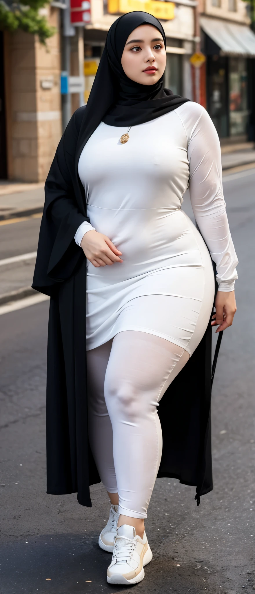 Milky white skin woman in black dress and hijab walking down the street, ,  hijab outfit, ,  hijab fashion model, plus size, plus size woman, ,  woman in black robes, beautiful woman, thicc, black outfit,, bbwchan , white sneakers , Height 170 cm, beautiful woman, with a beautiful appearance, a very beautiful masterpiece, a masterpiece of art, good lighting, Bright colors, Clean lines